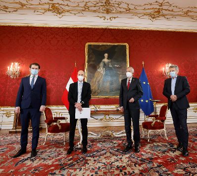 Am 11. J&auml;nner 2021 fand die Angeloben von Bundesminister Martin Kocher (m.l.) durch Bundespr&auml;sidenten Alexander Van der Bellen (m.r.) statt. Im Bild mit Bundeskanzler Sebastian Kurz (l.) und Vizekanzler Werner Kogler (r.).