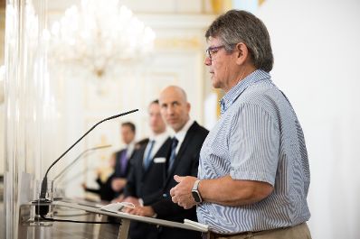 Am 6. Juni 2021 2021 fand der Sozialpartnergipfel statt. Im Bild (v.r.n.l.) &Ouml;GB-Pr&auml;sident Wolfgang Katzian, Bundesminister Martin Kocher, Bundesminister Gernot Bl&uuml;mel und der Pr&auml;sident der Wirtschaftskammer &Ouml;sterreich Harald Mahrer.