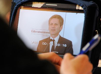 Am 17. April 2015 nahm Kunst- und Kulturminister Josef Ostermayer (im Bild) an der Pressekonferenz anl&auml;sslich der Er&ouml;ffnung des Literaturmuseums der &Ouml;sterreichischen Nationalbibliothek teil.