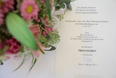Am 6. Oktober 2015 &uuml;berreichte Kunst- und Kulturminister Josef Ostermayer die Urkunde mit der Mercedes Echerer der Berufstitel Professorin verliehen wurde.