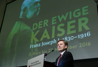 Am 10. M&auml;rz 2016 hielt Kunst- und Kulturminister Josef Ostermayer (im Bild) eine Ansprache bei der Ausstellungser&ouml;ffnung &quot;Der ewige Kaiser. Franz Joseph I. 1830-1916&quot; in der &Ouml;sterreichischen Nationalbibliothek.
