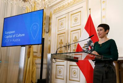 Am 12. November 2019 gab Kunst- und Kulturminister Alexander Schallenberg eine Pressekonferenz zur Bekanntgabe der Europ&auml;ischen Kulturhauptstadt 2024 in &Ouml;sterreich. Im Bild Juryvorsitzende Cristina Farinha.
