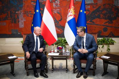 Am 12. August 2025 reiste Bundeskanzler Christian Stocker (l.) zu einem Arbeitsbesuch nach Serbien. Im Bild mit dem serbischen Pr&auml;sidenten Aleksandar Vučić (r.).