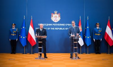 Am 12. August 2025 reiste Bundeskanzler Christian Stocker (l.) zu einem Arbeitsbesuch nach Serbien. Im Bild mit dem serbischen Pr&auml;sidenten Aleksandar Vučić (r.).