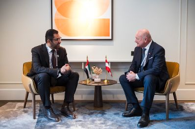 Am 13. Februar 2026 nahm Bundeskanzler Christian Stocker (r.) an der M&uuml;nchner Sicherheitskonferenz teil. Im Bild mit dem Minister f&uuml;r Industrie und Fortschrittstechnologien der Vereinigten Arabischen Emirate Sultan Ahmed Al Jaber (l.).