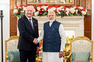 Am 16. April 2026 setzte Bundeskanzler Christian Stocker (l.) seinen mehrt&auml;gigem Arbeitsbesuch in Indien fort. Im Bild beim Arbeitsgespr&auml;ch mit dem Premierminister von Indien Narendra Modi (r.).