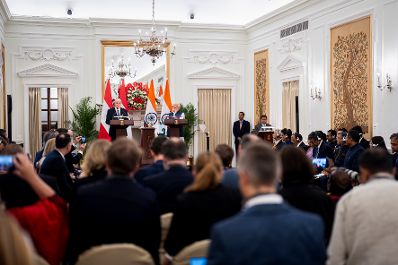 Am 16. April 2026 setzte Bundeskanzler Christian Stocker (m.l.) seinen mehrt&auml;gigem Arbeitsbesuch in Indien fort. Im Bild mit dem Premierminister von Indien Narendra Modi (m.r.) bei der anschlie&szlig;enden Pressekonferenz.