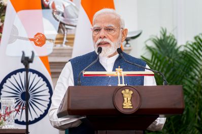Am 16. April 2026 setzte Bundeskanzler Christian Stocker seinen mehrt&auml;gigem Arbeitsbesuch in Indien fort. Im Bild mit dem Premierminister von Indien Narendra Modi (im Bild) bei der anschlie&szlig;enden Pressekonferenz.