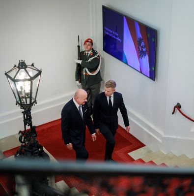 Am 21. Mai 2026 empfing Bundeskanzler Christian Stocker (l.) den Premierminister von Ungarn Peter Magyar (r.) zu einem Arbeitsbesuch im Bundeskanzleramt.