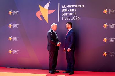 Am 5. Juni 2026 reiste Bundeskanzler Christian Stocker (l.) anl&auml;sslich des EU-Westbalkan-Gipfels nach Tivat, in Montenegro. Im Bild mit dem Pr&auml;sidenten von Montenegro Jakov Milatović (r.).
