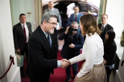 Am 20. Mai 2025 empfing Bundesministerin Claudia Plakolm (r.) den Minister f&uuml;r Europ&auml;ische Integration der Republik Serbien Nemanja Starovic (l.) zu einem Arbeitsbesuch im Bundeskanzleramt.