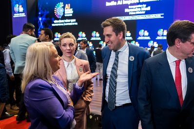 Am 18. Februar 2026 reiste Staatssekret&auml;r Alexander Pr&ouml;ll (m.r.) zu einem mehrt&auml;gigen Arbeitsbesuch nach Neu-Delhi. Im Bild beim Besuch vom &bdquo;AI Impact Summit 2026&ldquo;.