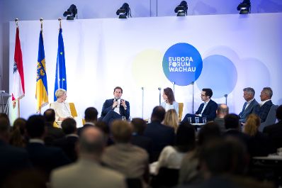 Am 19. Mai 2026 nahm Staatssekret&auml;r Alexander Pr&ouml;ll (m.l.) am Europa-Forum Wachau teil. Im Bild bei einer Paneldiskussion mit Patricia Neumann (m.r.) Alexander Windbichler (3.v.r.), Michael Krammer (2.v.r) und Thomas Arnoldner (r.).