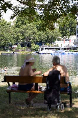 Personen sitzen auf einer Parkbank an der alten Donau. Schlagw&ouml;rter: Wasser, alte Donau, Parkbank, B&auml;ume