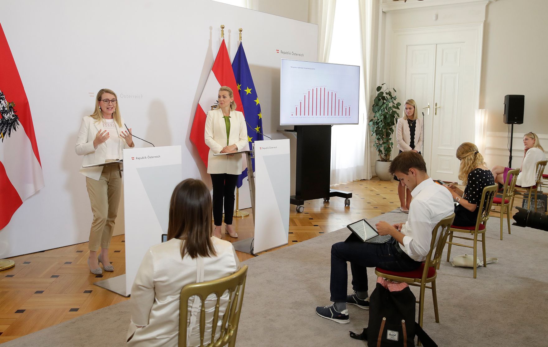 Am 14. Juli 2020 gaben Bundesministerin Christine Aschbacher und Bundesministerin Margarete Schramböck im Bundeskanzleramt ein Pressestatement zu den Maßnahmen gegen die Krise.
