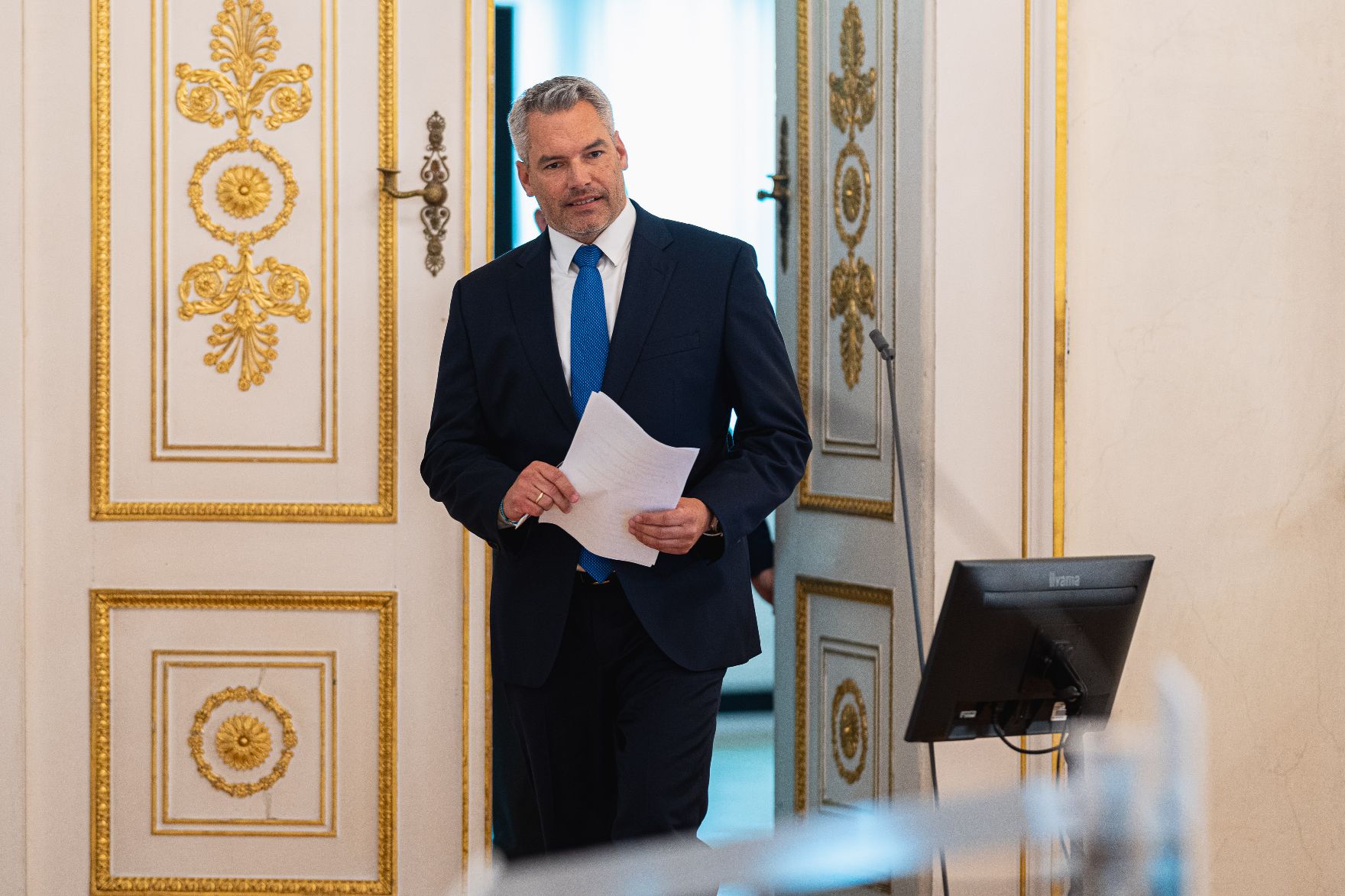 Am 18. August 2021 gab Innenminister Karl Nehammer (im Bild) ein Pressestatement vor dem Sonderrat der EU-Innenminister.
