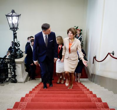 Am 13. Juni 2019 empfing Bundeskanzlerin Brigitte Bierlein (r.) den slowenischen Präsidenten Borut Pahor (l.) im Bundeskanzleramt.