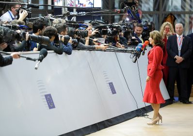Am 18. Oktober 2019 nahm Bundeskanzlerin Brigitte Bierlein am Europäischen Rat der Staats- und Regierungschefs teil. Im Bild beim Pressestatement.