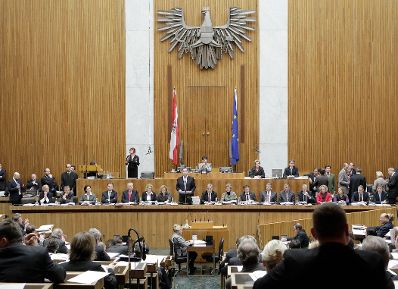 Am 30. November 2010 traf sich die österreichische Bundesregierung im Parlament um den Haushalt für 2011 offiziell zu beschließen. Bildmitte Finanzminister Josef Pröll bei seiner anschließenden Budgetrede.