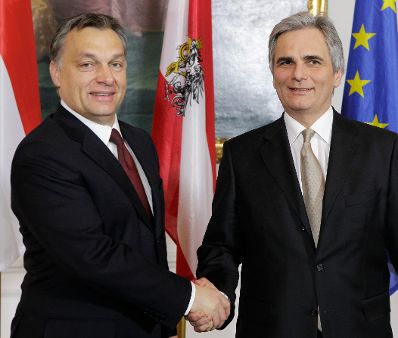 Am 14. Dezember 2010 empfing Bundeskanzler Werner Faymann (r.) den Ministerpräsidenten der Republik Ungarn, Viktor Orban (l.), zu einem Arbeitsgespräch im Bundeskanzleramt.