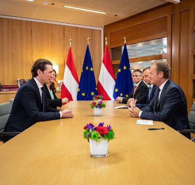 Am 16. November 2018 reiste Bundeskanzler Sebastian Kurz (l.) anlässlich der Vorbereitungen des Brexit-Gipfels nach Brüssel. Im Bild mit dem Präsidenten des Europäischen Rates Donald Tusk (r.).
