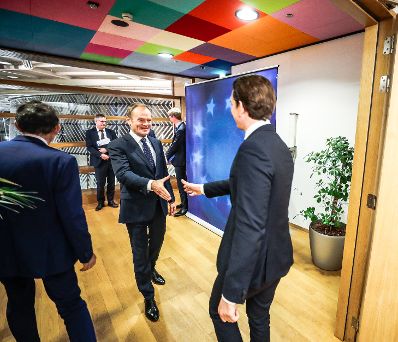 Am 12. Dezember 2018 reiste Bundeskanzler Sebastian Kurz (r.) anlässlich des EU-Gipfels nach Brüssel. Im Bild mit dem Präsidenten des Europäischen Rates Donald Tusk (l.).