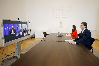 Am 17. Juni 2021 nahm Bundeskanzler Sebastian Kurz (im Bild) an einer Videokonferenz mit dem Präsidenten des Europäischen Rates Charles Michel teil.