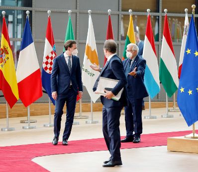 Am 24. Juni 2021 nahm Bundeskanzler Sebastian Kurz (l.) am Europäischen Rat der Staats- und Regierungschefs teil. Im Bild beim Doorstep.