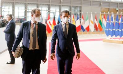 Am 24. Juni 2021 nahm Bundeskanzler Sebastian Kurz (r.) am Europäischen Rat der Staats- und Regierungschefs teil. Im Bild beim Doorstep.