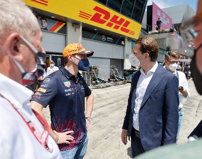 Am 27. Juni 2021 besuchte Bundeskanzler Sebastian Kurz (m.r.) den Formel 1 Grand Prix Austria in Spielberg. Im Bild mit mit Max Verstappen (m.l.).