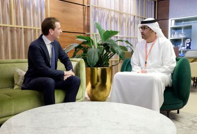 Am 29. Juli 2021 empfing Bundeskanzler Sebastian Kurz den Kronprinz von Abu Dhabi, Mohamed bin Zayed bin Sultan Al-Nahyan. Im Bild v. l. Bundeskanzler Sebastian Kurz und Sultan Ahmed Al Jaber