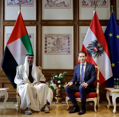 Am 29. Juli 2021 empfing Bundeskanzler Sebastian Kurz (r.) den Kronprinz von Abu Dhabi, Mohamed bin Zayed bin Sultan Al-Nahyan (l.).