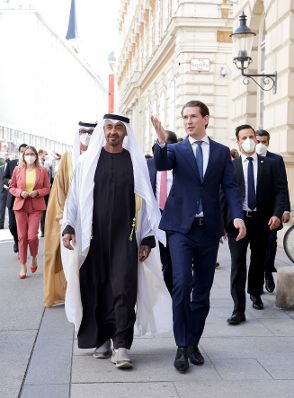 Am 29. Juli 2021 empfing Bundeskanzler Sebastian Kurz (r.) den Kronprinz von Abu Dhabi, Mohamed bin Zayed bin Sultan Al-Nahyan (l.).