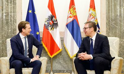 Am 4. September 2021 reiste Bundeskanzler Sebastian Kurz (l.) zu einem Arbeitsbesuch nach Belgrad. Im Bild mit dem Präsidenten der Republik Serbien Aleksandar Vučić (r.).