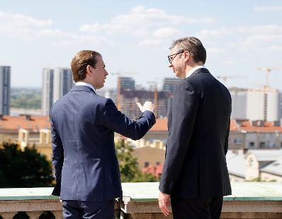 Am 4. September 2021 reiste Bundeskanzler Sebastian Kurz (l.) zu einem Arbeitsbesuch nach Belgrad. Im Bild mit dem Präsidenten der Republik Serbien Aleksandar Vučić (r.).