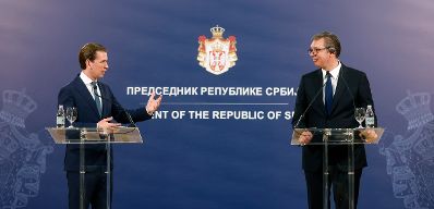 Am 4. September 2021 reiste Bundeskanzler Sebastian Kurz (l.) zu einem Arbeitsbesuch nach Belgrad. Im Bild mit dem Präsidenten der Republik Serbien Aleksandar Vučić (r.) bei der Pressekonferenz.