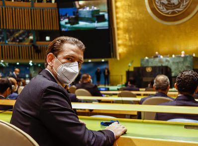 Am 21. September 2021 reiste Bundeskanzler Sebastian Kurz zu einem mehrtägigen Arbeitsbesuch nach New York. Im Bild bei der Eröffnung der UNO Generalversammlung.
