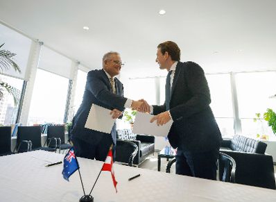 Am 21. September 2021 reiste Bundeskanzler Sebastian Kurz (r.) zu einem mehrtägigen Arbeitsbesuch nach New York. Im Bild mit dem australischen Premierminister Scott Morrison (l.).