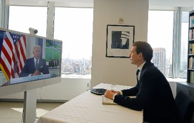 Am 22. September 2021 reiste Bundeskanzler Sebastian Kurz (r.) zu einem mehrtägigen Arbeitsbesuch nach New York. Im Bild bei der Videokonferenz mit dem Amerikanischen Präsident Joe Biden (l.).