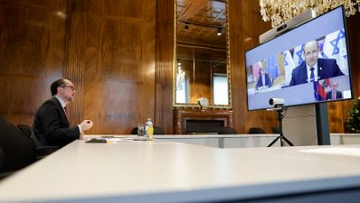 Am 30. November 2021 lud Bundeskanzler Alexander Schallenberg (l.) zu einer Videokonferenz mit dem israelischen Premierminister Naftali Bennett und dem tschechischen Ministerpräsident Andrej Babiš.