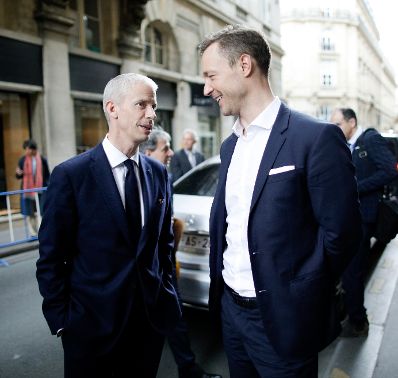 Am 3. Mai 2019 reiste Bundesminister Gernot Blümel (r.) anlässlich eines Arbeitsbesuchs nach Paris. Im Bild mit dem französischer Kulturminister Franck Riester (l.) beim Treffen der Kulturminister.