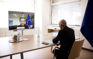 Am 1. Juni 2021 nahm Bundesminister Martin Kocher (im Bild) an einer Videokonferenz mit der EU-Kommissarin für Wettbewerb Margrethe Vestager teil.