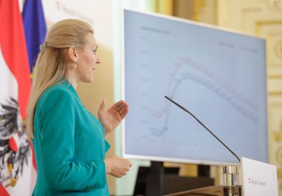 Am 7. Juli 2020 gab Bundesministerin Christine Aschbacher (im Bild) im Bundeskanzleramt ein Pressestatement zu den Maßnahmen gegen die Krise.