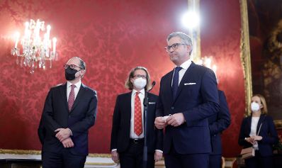 Am 6. Dezember 2021 wurden (v.l.n.r.) Bundesminister Alexander Schallenberg, Bundesminister Martin Polaschek und Bundesminister Magnus Brunner angelobt.