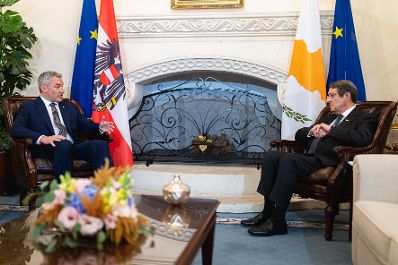 Am 13. Juli 2022 reiste Bundeskanzler Karl Nehammer (l.) nach Nikosia. Im Bild beim Treffen mit Präsident Nicos Anastasiades (r.).