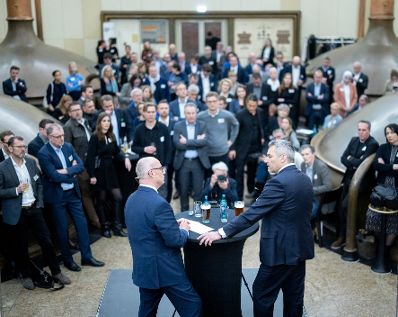 Am 13. Februar 2023 nahm Bundeskanzler Karl Nehammer (im Bild) an der Konferenz der Chefredakteure der Deutschen Presse-Agentur in Berlin teil.
