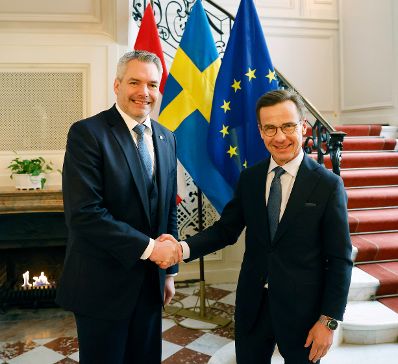 Am 30. März 2023 reiste Bundeskanzler Karl Nehammer (l.) zu einem Arbeitsbesuch nach Schweden. Im Bild mit dem schwedischen Ministerpräsidenten Ulf Kristersson (r.).