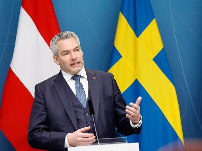 Am 30.3.2023 traf Bundeskanzler Karl Nehammer (l.) den schwedischen Premierminister Ulf Kristersson zu einem Arbeitsgespräch mit anschließender Pressekonferenz.