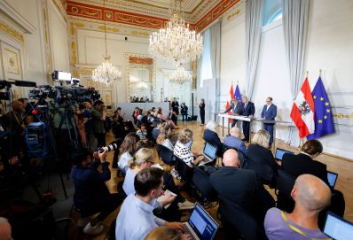 Am 25. Juli 2023 fand der Sommerministerrat der Österreichischen Bundesregierung statt. Im Bild beim anschließenden Pressefoyer.