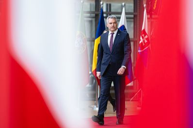 Am 21. März 2024 nahm Bundeskanzler Karl Nehammer (im Bild) an dem Treffen der EU-Staats- und Regierungschefs in Brüssel teil. Im Bild beim Doorstep.